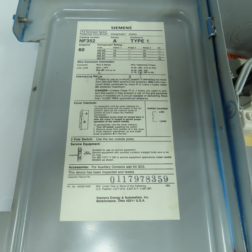 Siemens NF352 I-T-E 60A Heavy Duty Non-Fusible Disconnect Switch 600V AC Type 1