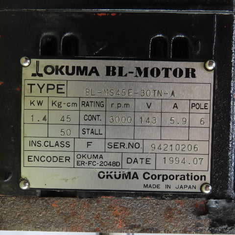 Okuma BL-MS45E-30TN-A 1.4kW Servo Motor 143V 3000RPM W/ Encoder ER-FC-2048D