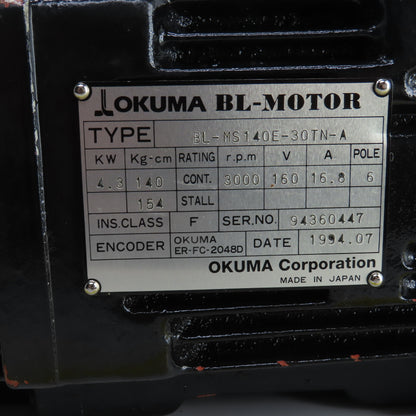 Okuma BL-MS140E-30TN-A 4.3kW Servo Motor 160V 3000RPM W/ Encoder ER-FC-2048D