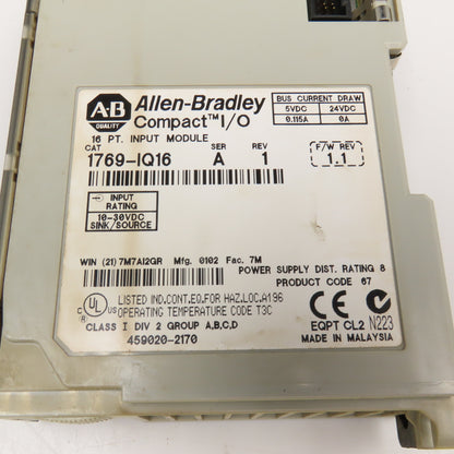 Allen Bradley 1769-IQ16 Ser A Rev 1 F/W Rev. 1.1 DC Input Module 16PT