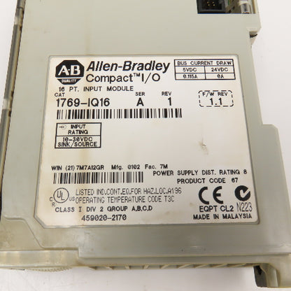 Allen Bradley 1769-IQ16 Ser A Rev 1 F/W Rev. 1.1 DC Input Module 16PT