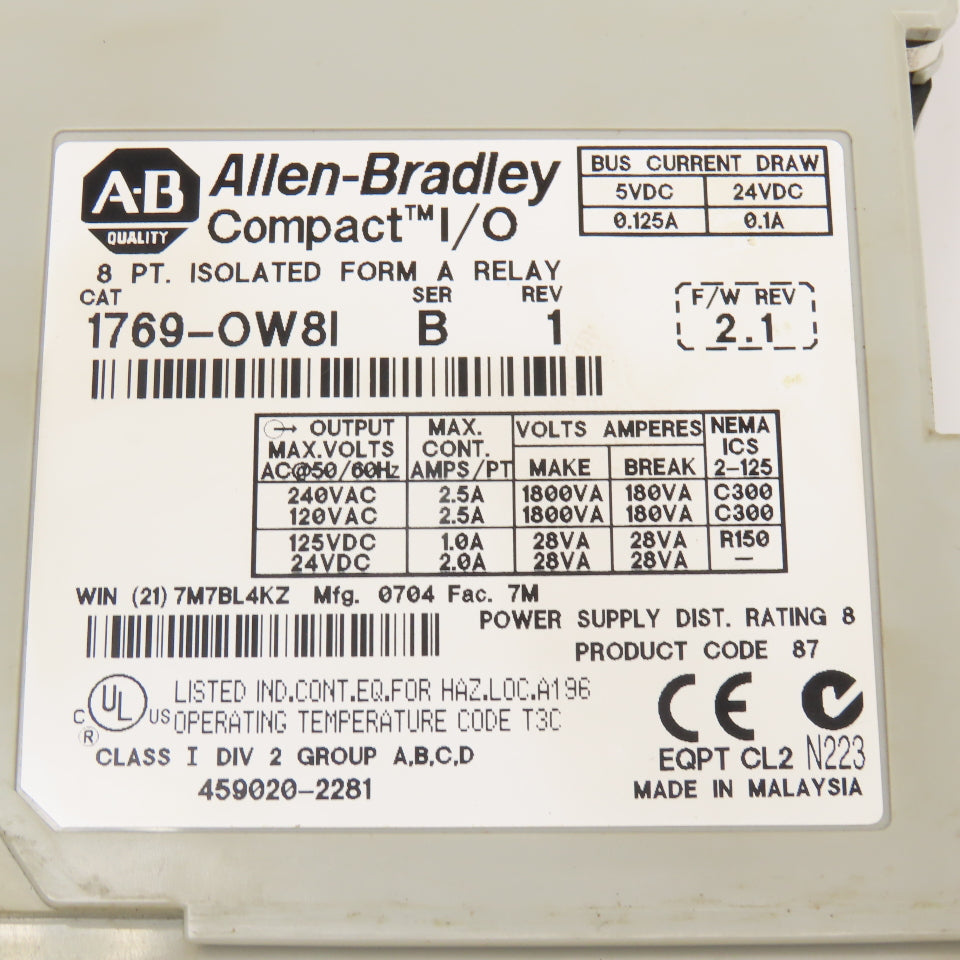 Allen Bradley 1769-OW81 Ser B Rev 1 F/W Rev. 2.1 Isolated Relay Module 8PT