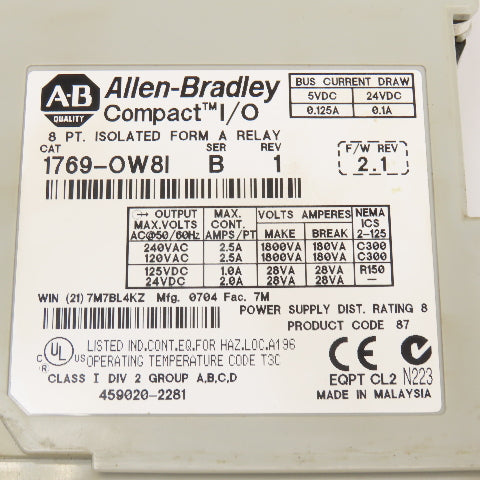 Allen Bradley 1769-OW81 Ser B Rev 1 F/W Rev. 2.1 Isolated Relay Module 8PT