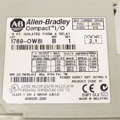 Allen Bradley 1769-OW81 Ser B Rev 1 F/W Rev. 2.1 Isolated Relay Module 8PT