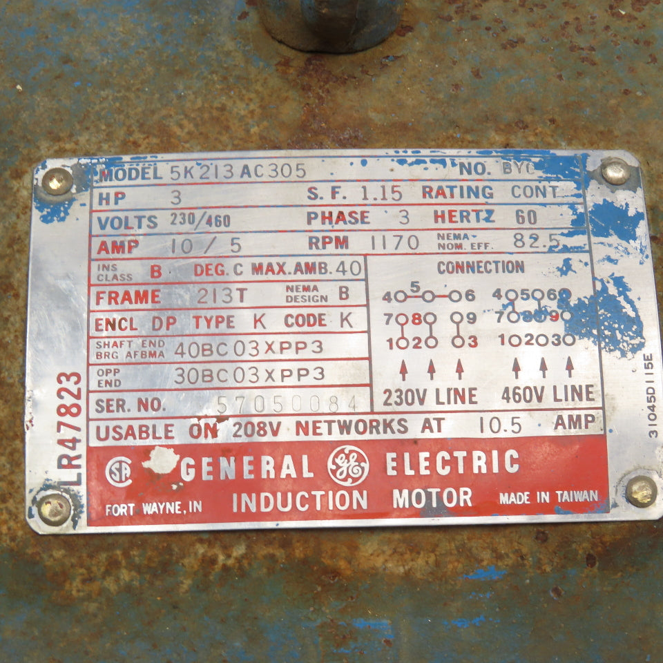 General Electric 5K213AC305 3Hp 1170RPM 3Ph 230/460V DP 213T Frame AC Motor