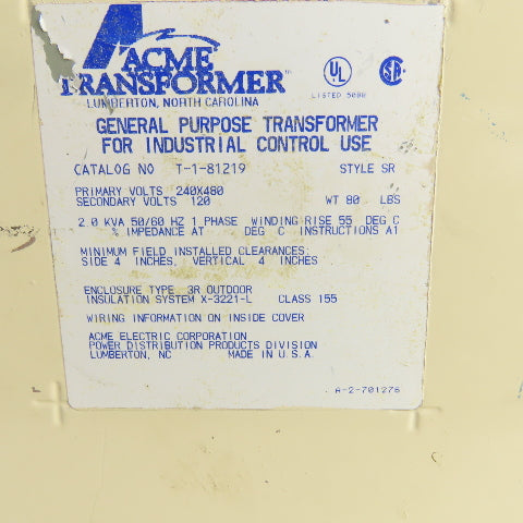 Acme T-1-81219 2kVA 1PH General Purpose Transformer Pri 240/480V Sec 120V Enc 3R