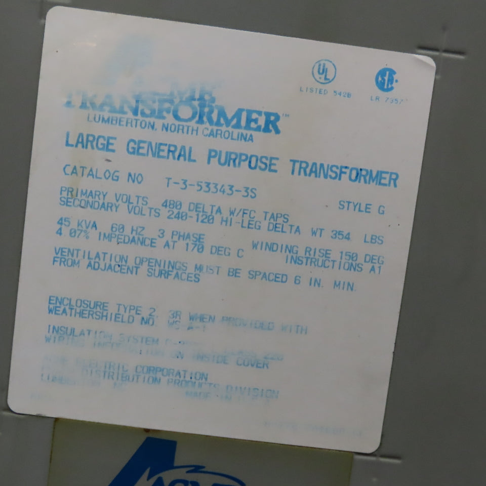Acme T-3-53343-3S 480V Pri 45kVa 3Ph 240/120V Sec Delta Hi-Leg Transformer