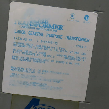 Acme T-3-53343-3S 480V Pri 45kVa 3Ph 240/120V Sec Delta Hi-Leg Transformer