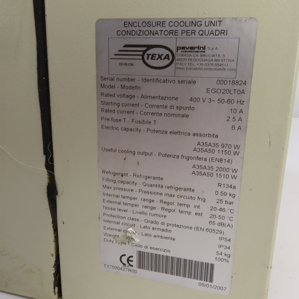 Pavarini Texa EGO20LT0A Panel Wall Mount Electrical Enclosure Cooling Unit 400V