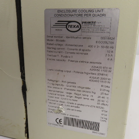 Pavarini Texa EGO20LT0A Panel Wall Mount Electrical Enclosure Cooling Unit 400V