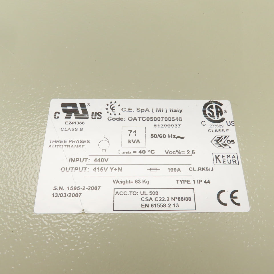 C.E SpA OATC0500700548 71kVA Three Phase Transformer Pri 440V Sec 415V Y+N