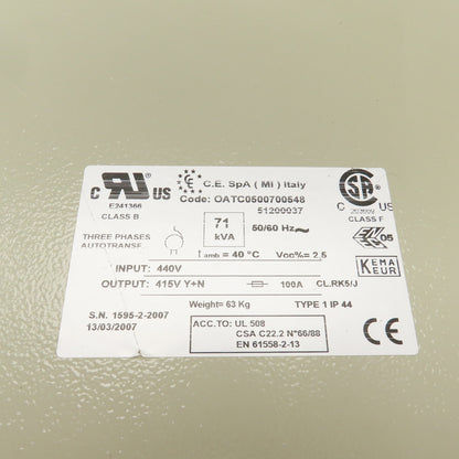 C.E SpA OATC0500700548 71kVA Three Phase Transformer Pri 440V Sec 415V Y+N