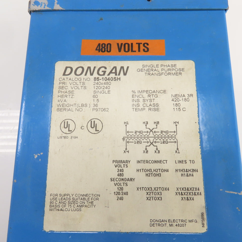 Dongan 85-1040SH 1.5kVA General Purpose Transformer Pri 240/480 Sec 120/240V 1PH