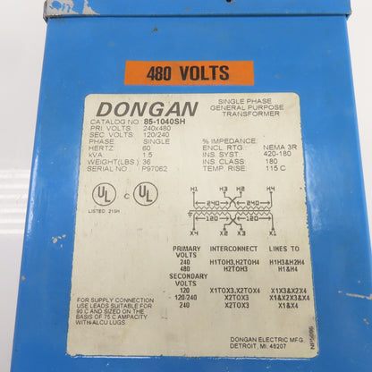 Dongan 85-1040SH 1.5kVA General Purpose Transformer Pri 240/480 Sec 120/240V 1PH