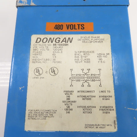 Dongan 85-1040SH 1.5kVA General Purpose Transformer Pri 240/480 Sec 120/240V 1PH