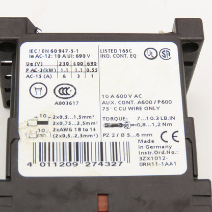 Siemens 3ZX1012-0RH11-1AA1 Contactor Relay 600V 10A Aux 3RH1911-1AA10 24VDC Coil