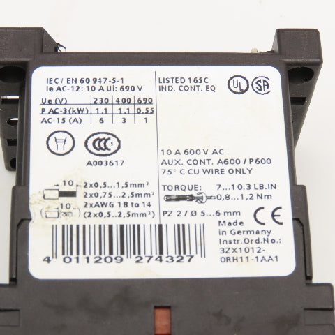Siemens 3ZX1012-0RH11-1AA1 Contactor Relay 600V 10A Aux 3RH1911-1AA10 24VDC Coil