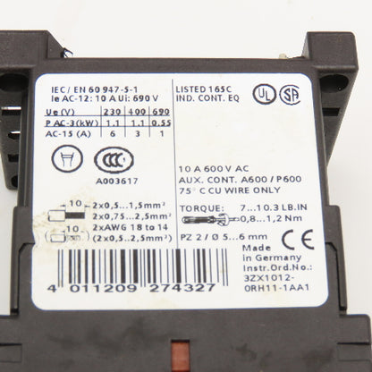Siemens 3ZX1012-0RH11-1AA1 Contactor Relay 600V 10A Aux 3RH1911-1AA10 24VDC Coil