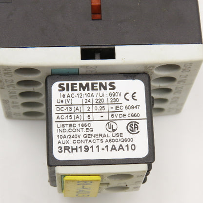 Siemens 3ZX1012-0RH11-1AA1 Contactor Relay 600V 10A Aux 3RH1911-1AA10 24VDC Coil