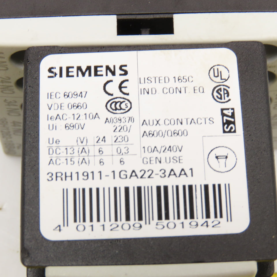 Siemens 3RH12621BB40 Contactor Relay 600V 10A Aux 3RH1911-1GA22-3AA1 24VDC Coil