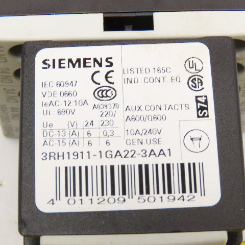 Siemens 3RH12621BB40 Contactor Relay 600V 10A Aux 3RH1911-1GA22-3AA1 24VDC Coil