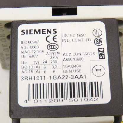 Siemens 3RH12621BB40 Contactor Relay 600V 10A Aux 3RH1911-1GA22-3AA1 24VDC Coil