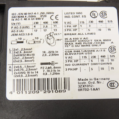 Siemens 3RT1025-1BB40 3RT1025-1BB40 600V 35A Contactor Relay 3RH11921-1FA22