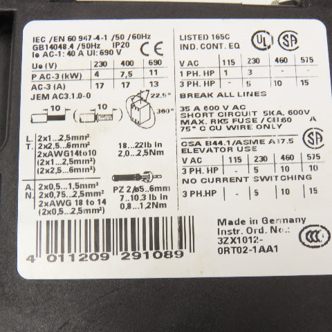 Siemens 3RT1025-1BB40 3RT1025-1BB40 600V 35A Contactor Relay 3RH11921-1FA22