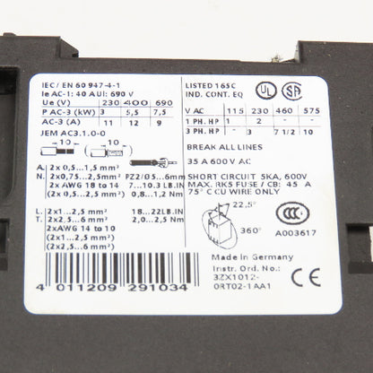 Siemens 3RT1024-1BB40 600V 35A Contactor Relay 24 VDC Coil Lot Of 2