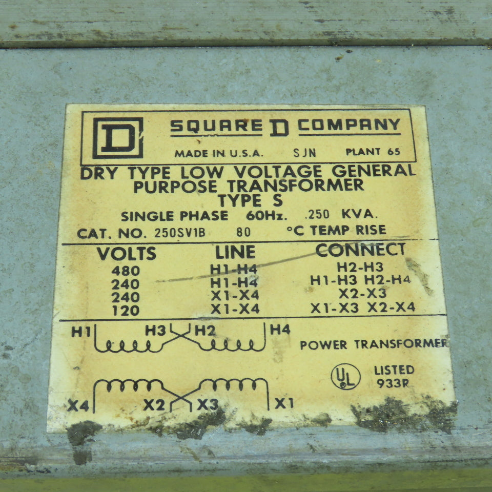 Square D 250SV1B 0.250kVA General Purpose Transformer HV 240/480 LV 120/240 1PH