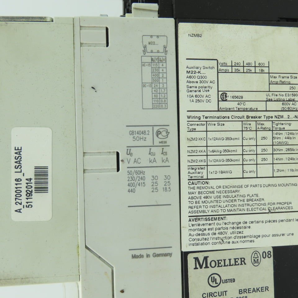 Moeller NZMB2-AF150-BT-NA 150A Circuit Breaker Rotary Sfty Disconnect 3Pole 600V
