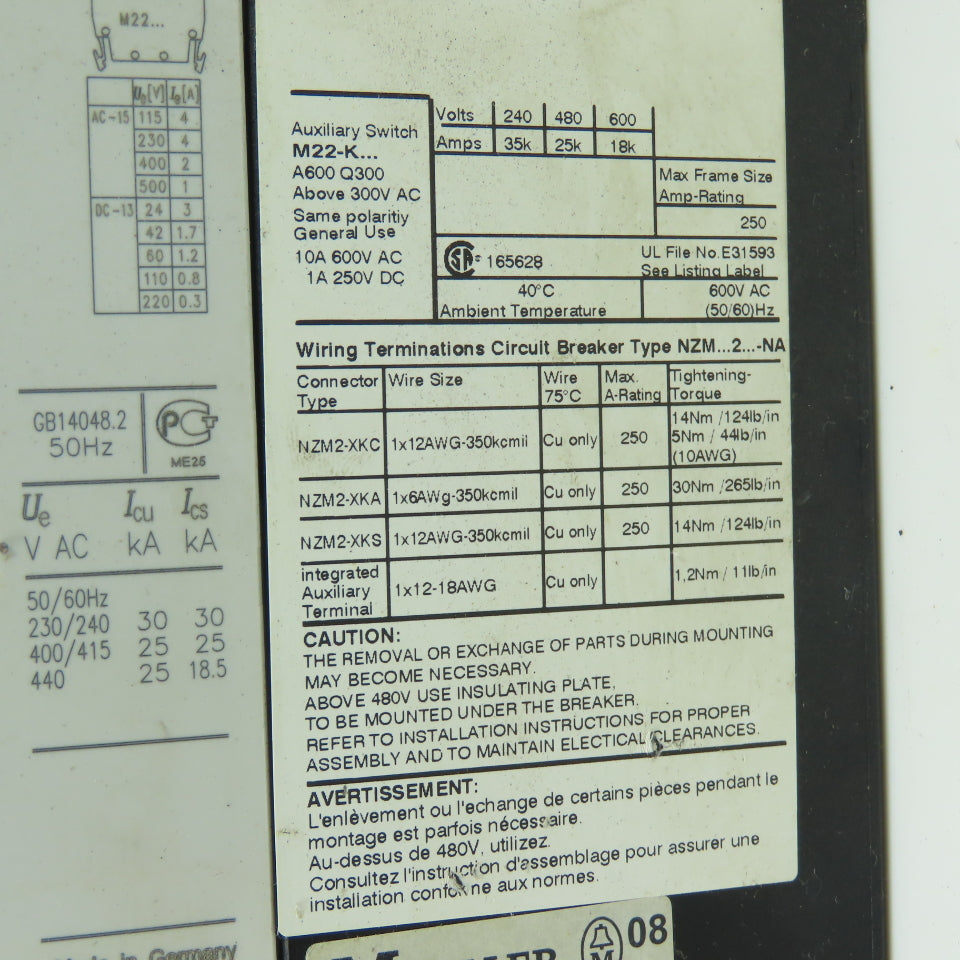 Moeller NZMB2-AF150-BT-NA 150A Circuit Breaker Rotary Sfty Disconnect 3Pole 600V