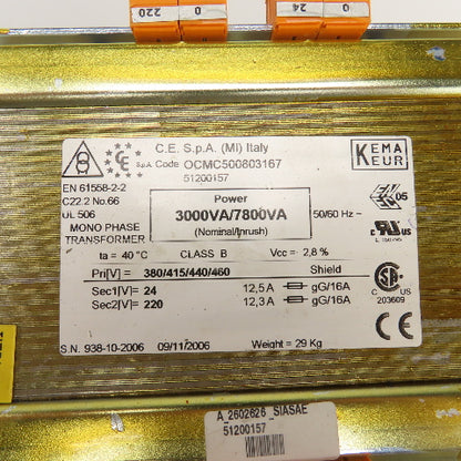 Kema Keur OCMC500803167 3000/7800VA 1PH Transformer Pri 380-460V Sec 24/220V