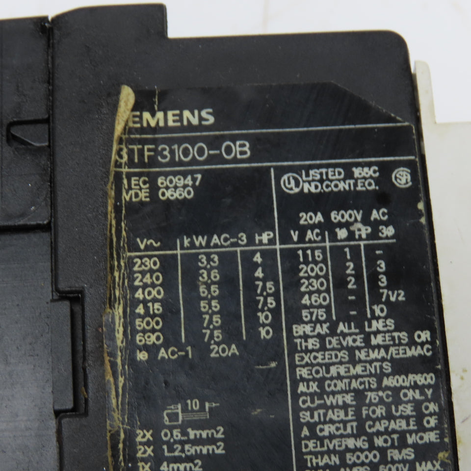 Siemens 3TF3100-0B 600V 10Hp 20A Contactor 24VDC Coil