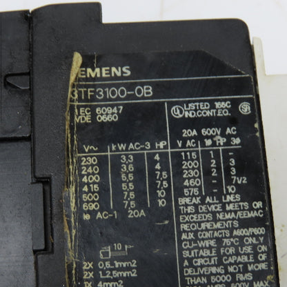 Siemens 3TF3100-0B 600V 10Hp 20A Contactor 24VDC Coil