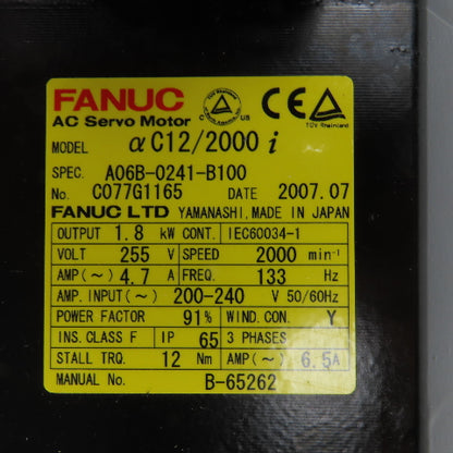 Fanuc A06B-0241-B100 1.8kW AC Servo Motor 2000RPM 255V 3PH W/ Pulsecoder