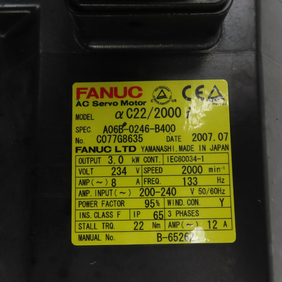 Fanuc A06B-0246-B400 3.0kW AC Servo Motor 2000RPM 234V 3PH W/ Pulsecoder & Brake
