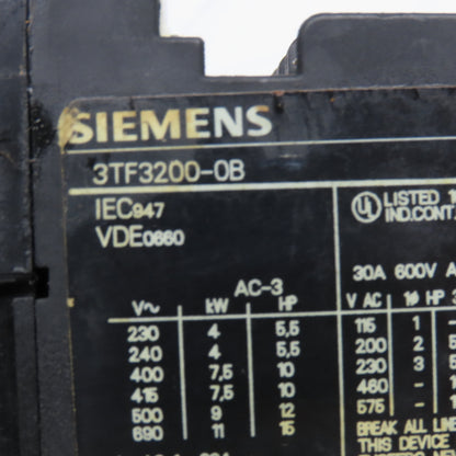 Siemens 3TF3200-0B 600V 30A 10Hp Contactor 24VDC Coil