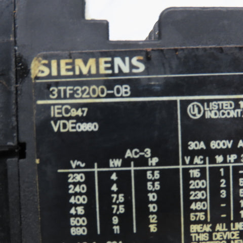 Siemens 3TF3200-0B 600V 30A 10Hp Contactor 24VDC Coil