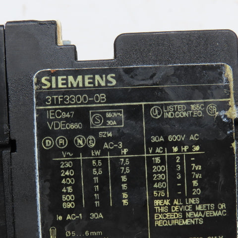 Siemens 3TF3300-0B 600V 30A 10Hp Contactor 24VDC Coil