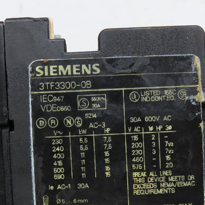Siemens 3TF3300-0B 600V 30A 10Hp Contactor 24VDC Coil