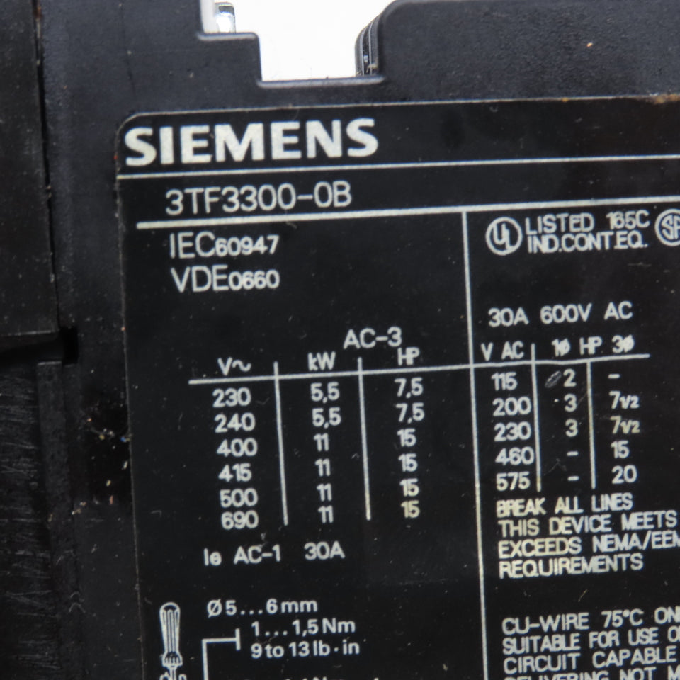 Siemens 3TF3300-0B 600V 30A 10Hp Contactor 24VDC Coil