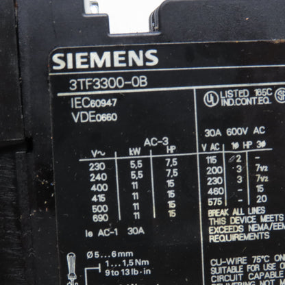 Siemens 3TF3300-0B 600V 30A 10Hp Contactor 24VDC Coil