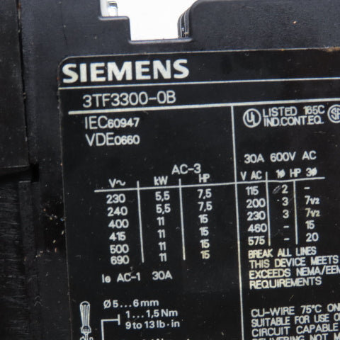 Siemens 3TF3300-0B 600V 30A 10Hp Contactor 24VDC Coil