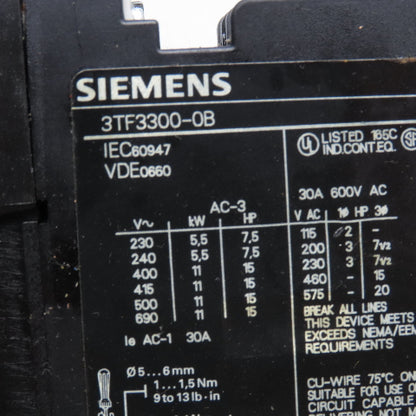 Siemens 3TF3300-0B 600V 30A 10Hp Contactor 24VDC Coil