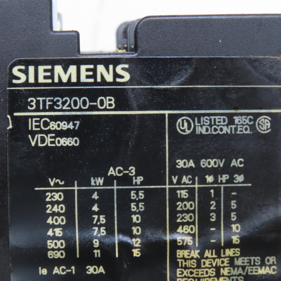 Siemens 3TF3200-0B 600V 30A 10Hp Contactor 24VDC Coil