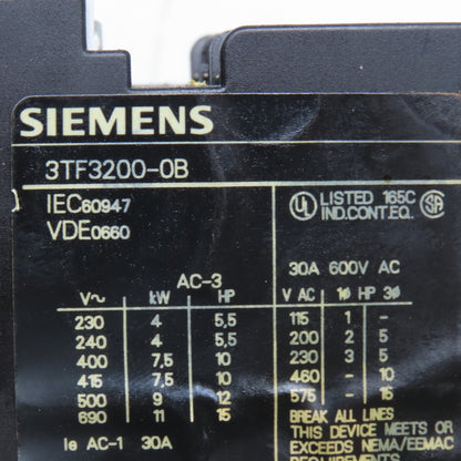 Siemens 3TF3200-0B 600V 30A 10Hp Contactor 24VDC Coil