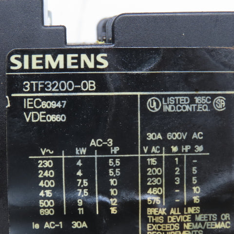 Siemens 3TF3200-0B 600V 30A 10Hp Contactor 24VDC Coil