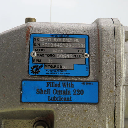 Nord SK 02-71 S/4 BRE5 HL 0.33HP Inline Gear Motor 32RPM 230/460V 3PH 646 Torq