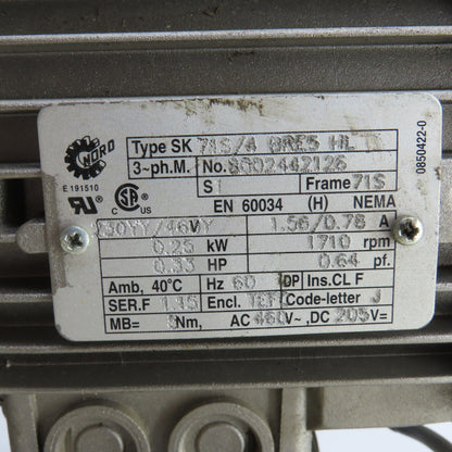Nord SK 02-71 S/4 BRE5 HL 0.33HP Inline Gear Motor 32RPM 230/460V 3PH 646 Torq